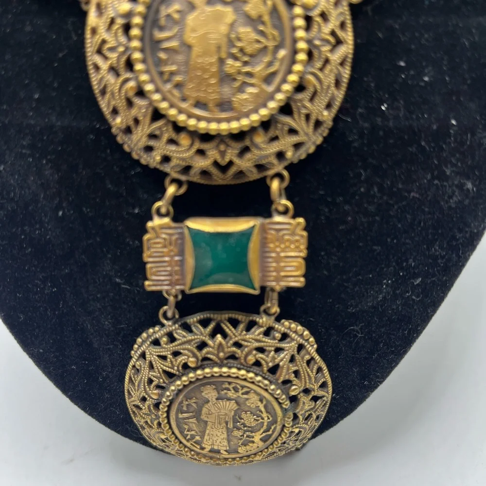 RARE Joseff Of Hollywood Necklace Asian Motif Faux Chrysoprase 32” long - Picture 4 of 14